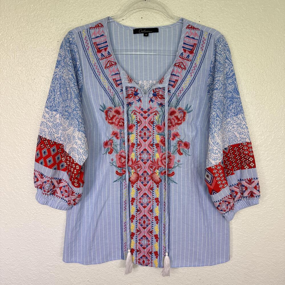 Calessa Top Womens Medium Embroidered Tassel Boho Tunic Blouse Floral Blue M